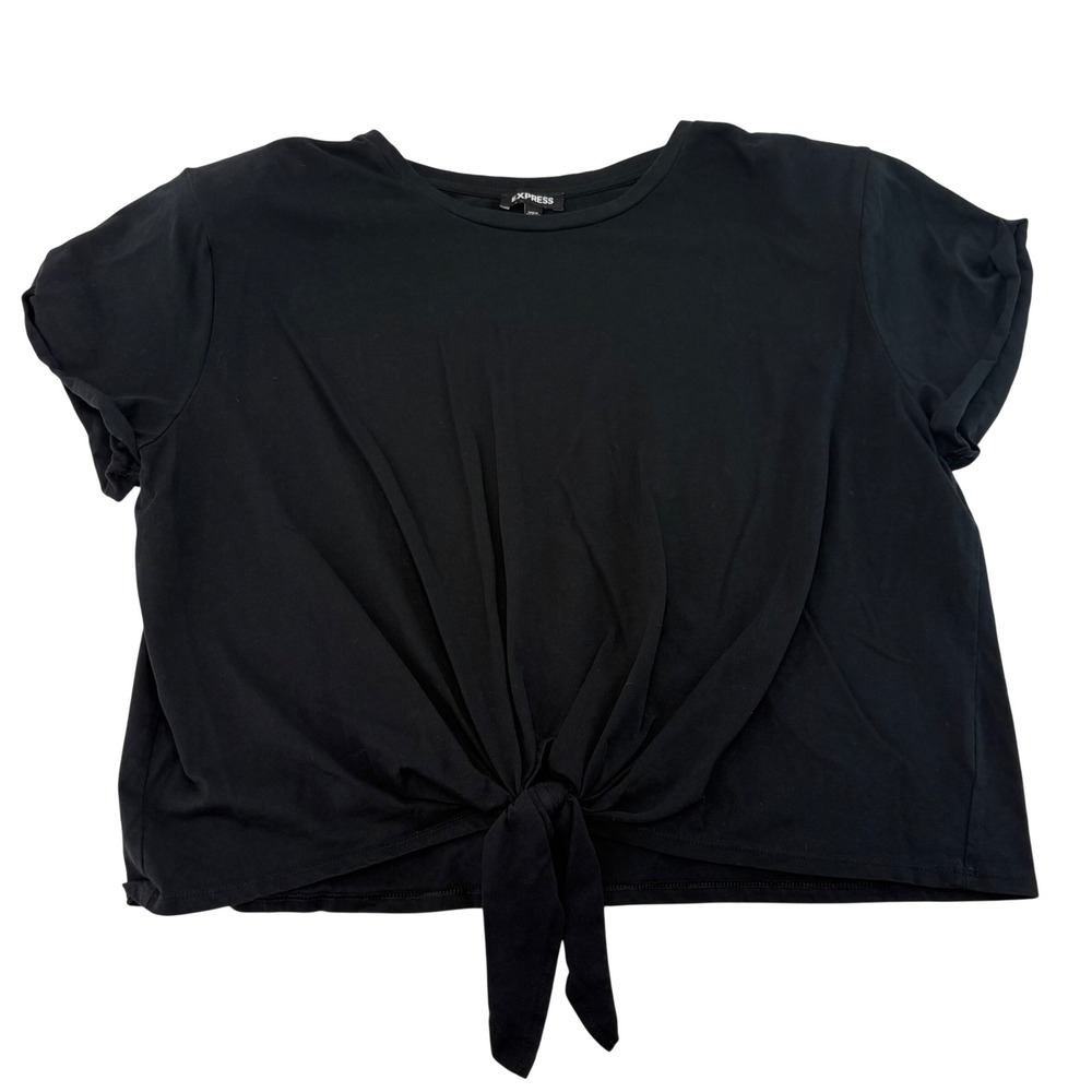 Express Womens XL Black 100% Cotton Short Sleeve Tie Front Knot Crew Neck Top